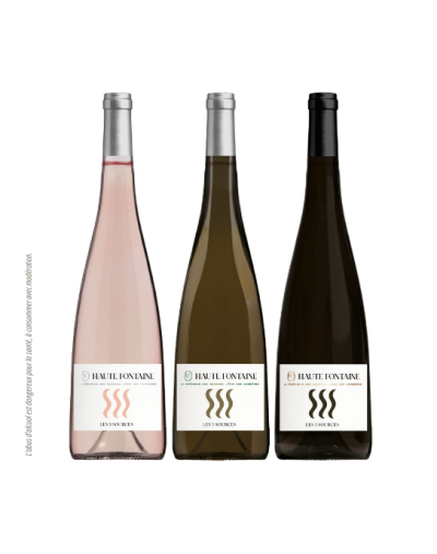 Bouteilles de vins, rosé, blanc et rouge de Haute Fontaine.